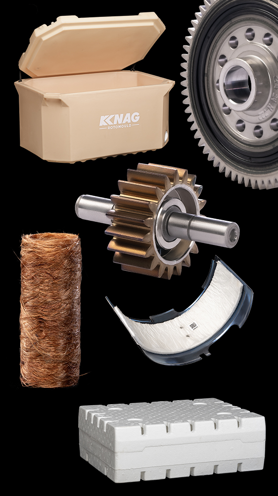 Industrial manufacturing components including mechanical gear parts, insulation material and roto-mould container photographed for engineering industry