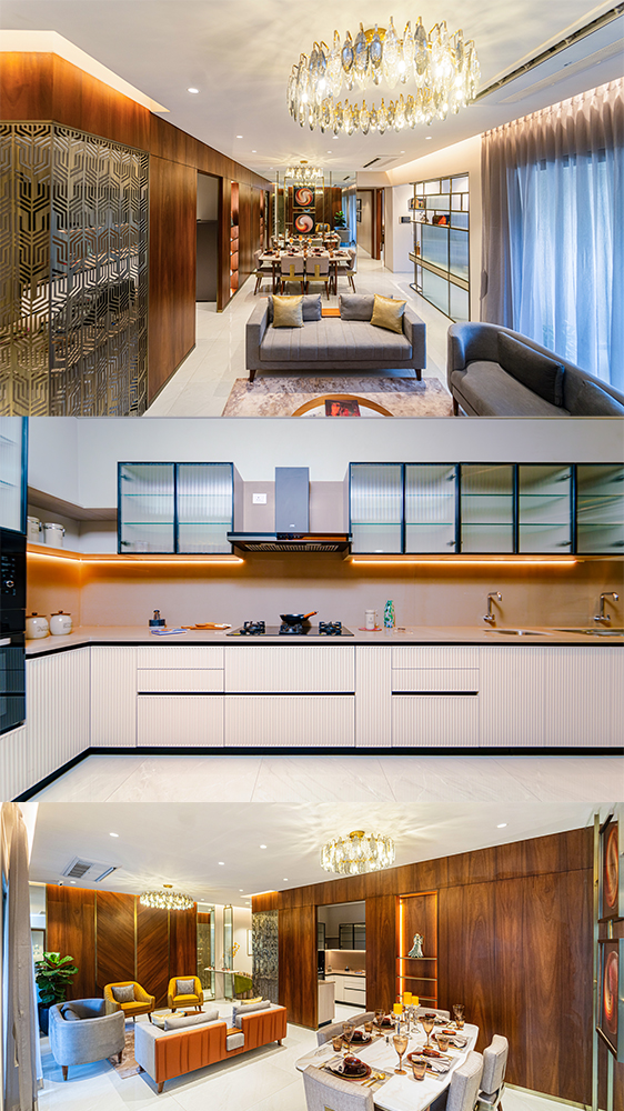 Luxury living and dining interior at Soulstring residence by Malpani Group featuring chandelier lighting and modern design